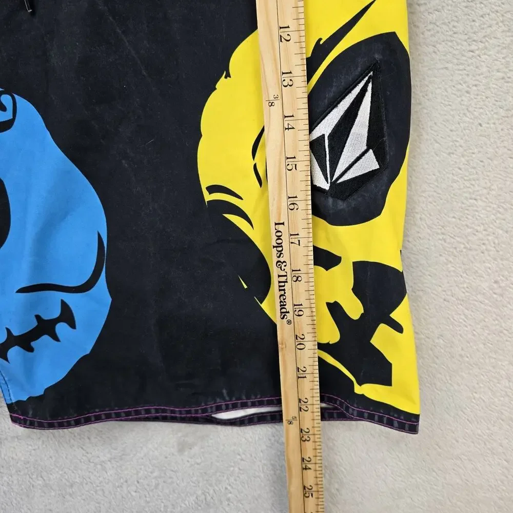 Vintage Volcom Board Shorts Mens 34 Black Y2K Neon Skull Swim Surf Artist Series
